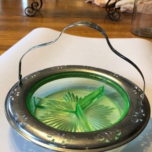 Vintage depression glass and metal divided dish.